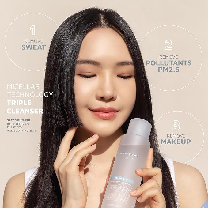 COMMON GROUND NUE Aqua Micellar Water Makeup Remover 3-in-1 Cleanser, Astringent, Makeup Remover, Non-Greasy, No-Rinse, Hydrating, Plant-Based, Organic Aloe Vera & Cucumber, 8.4 Fl Oz (Pack of 2)