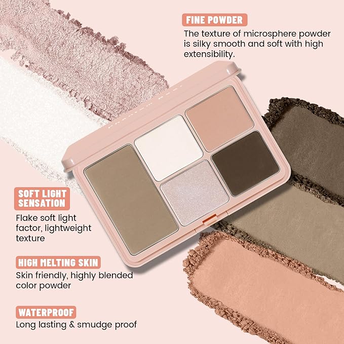 Cool Toned Contour Palette Makeup, All in 1 Highlighter Blush Bronzer Palette for Women, Smooth Long Wear Buildable Nude Primer Powder Three-Dimensional Natural Contouring Face Cosmetic Gift