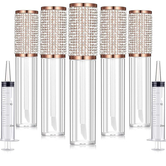 Maitys 12 Pieces Crystal Rhinestone Lip Gloss Wand Tubes Include 10 Pieces 5 ml Empty Lip Gloss Lip Balm Bottles with Rubber Stoppers and 2 Pieces 20 ml Plastic Syringe for Cosmetic (Rose Gold)