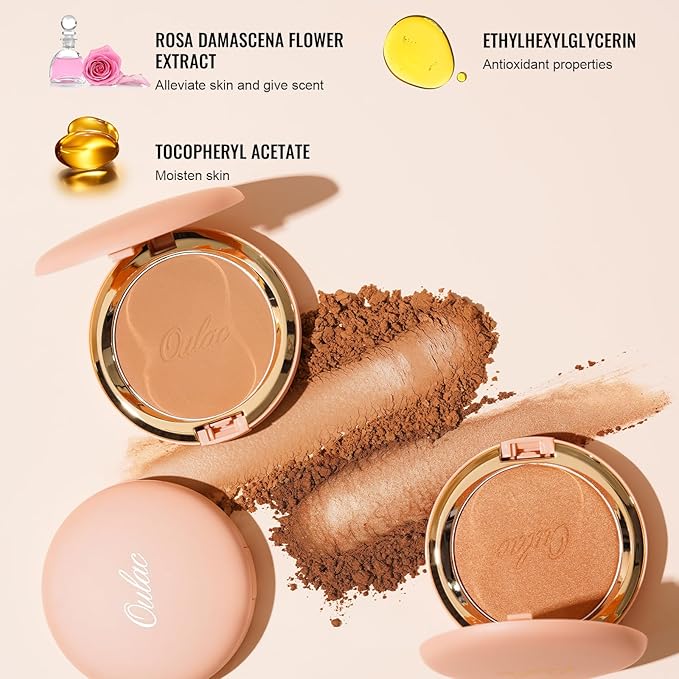 Oulac Matte Bronzer Powder Face Makeup Compact - Natural Sun Kissed Finish, Highlighter Bronzer Blush, Contour Powder, Soft Touch Texture, Vegan & Cruelty-Free BS04, 【BS04 Caramel】