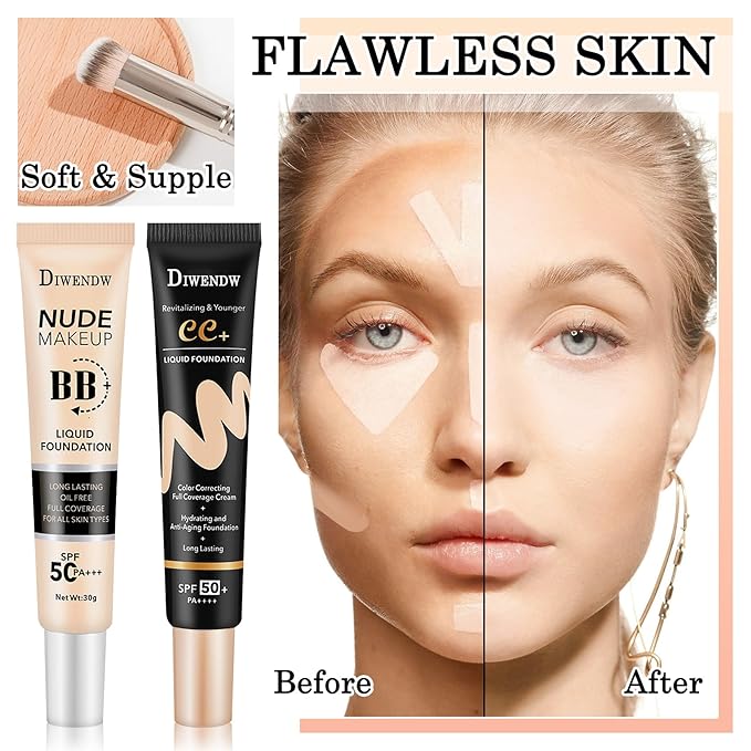 2PCS Full Coverage Concealer Foundation Set,Moisturizing BB Cream,Long Lasting Hydrating Lightweight CC Cream with Makeup Brush,Oil Control Face Moisturizer SPF 50 PA++++ Sunscreen(A)