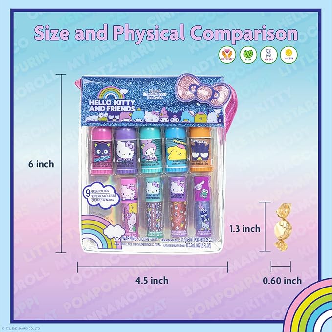 Townley Girl Hello Kitty and Friends 5 Pk Lip Balm and 4 Pk Lip Gloss Set w/Bag, Makeup Cosmetic Set for Kids and Girls, Ages 3+, Perfect for Parties, Sleepovers & Makeovers