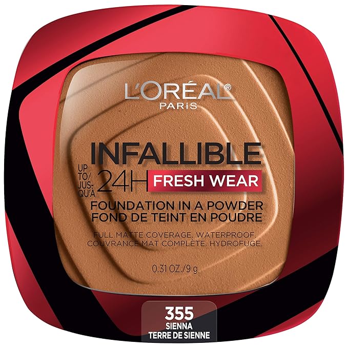 L'Oreal Paris Makeup Infallible Fresh Wear Foundation in a Powder, Up to 24H Wear, Waterproof, Sienna, 0.31 oz.