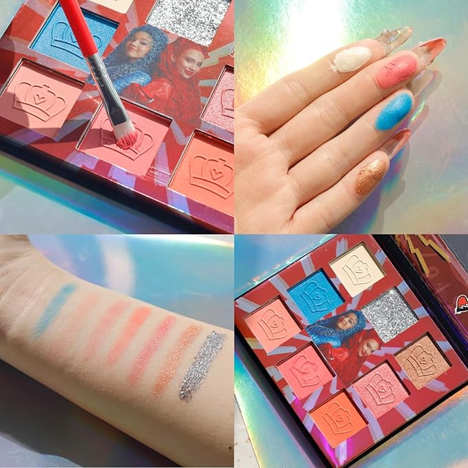 Descendants: The Rise of Red - 8 Well Eyeshadow Shimmer Palette with Mirror and brush, Shimmery and Opaque Colors, Pigmented Blendable for Girls Ages 8+, Perfect for Birthday, Parties by Townley Girl