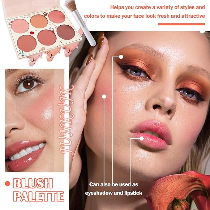6 Color Shimmer Silky Matte Blush & Contour Highlighter Set With Makeup Brush