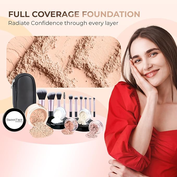 16pc STARTER KIT with 10 BRUSHES SET (PINK BISQUE) Mineral Makeup Bare Face Loose Powder Includes Matte Foundation, Veil Primer, Blush, Bronzer, Translucent Finishing Setting Powder SPF 30 Travel Size