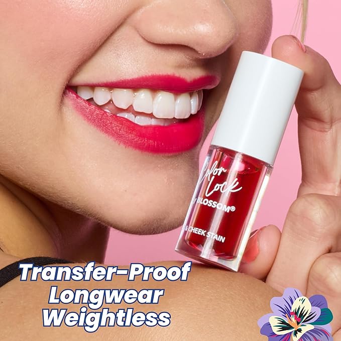 Blossom Lip Gloss Color Lock Lip Stain & Tint, Hydrating, Longlasting, Buildable, Non Drying, Smudgeproof + Transfer Proof, Made in USA with Doe Foot Applicator, 0.14oz, Poppin' Pink
