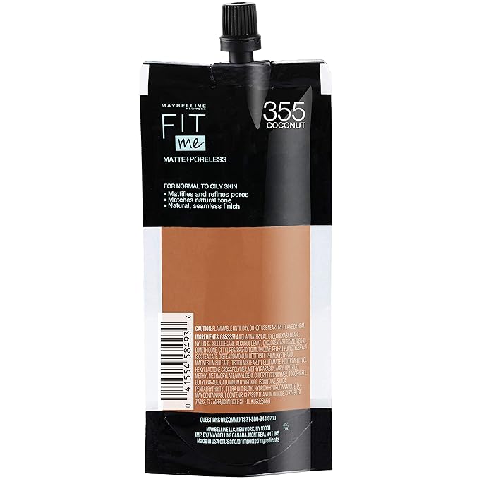 Maybelline New York Fit Me Matte + Poreless Liquid Foundation, Pouch Format, 355 Coconut, 1.3 Ounce