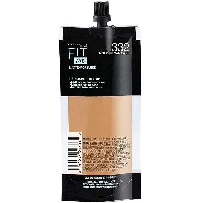 Maybelline New York Fit Me Matte + Poreless Liquid Foundation, Pouch Format, 332 Golden Caramel, 1.3 Ounce