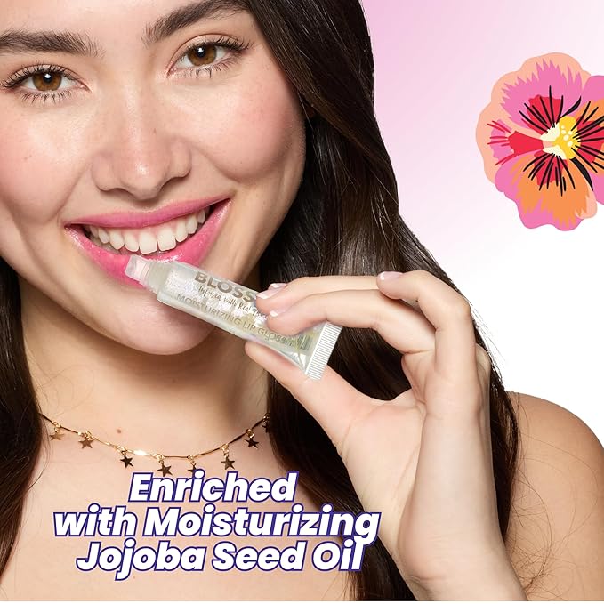 Blossom Lip Gloss Tubes, Coconut Macaroon Scented Thick Clear High Shine Moisturizing Flower Lip Gel with Nourishing Jojoba Seed Oil, Infused with Real Flowers, 0.3oz, Coconut Macaroon