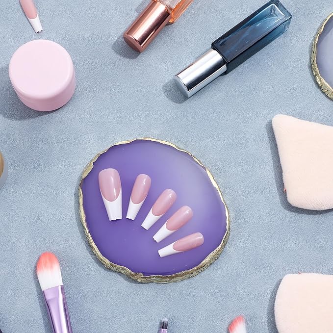 2 PCS Resin Nail Art Palette, Art Painting Gel Palette Gold Edge Color Makeup Display Board Gold Edge Nail Holder With1 Color Stick, Cosmetic Mixing Tools, Purple and Gray