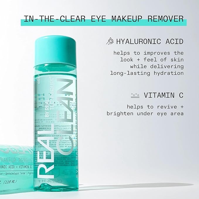 Real Techniques Real Clean In-The-Clear Eye Makeup Remover, Gentle Liquid Makeup Remover, Skin Repair Ingredients, Hyaluronic Acid & Vitamin C, Vegan & Cruelty-Free, 4 fl.oz./110 mL Bottle