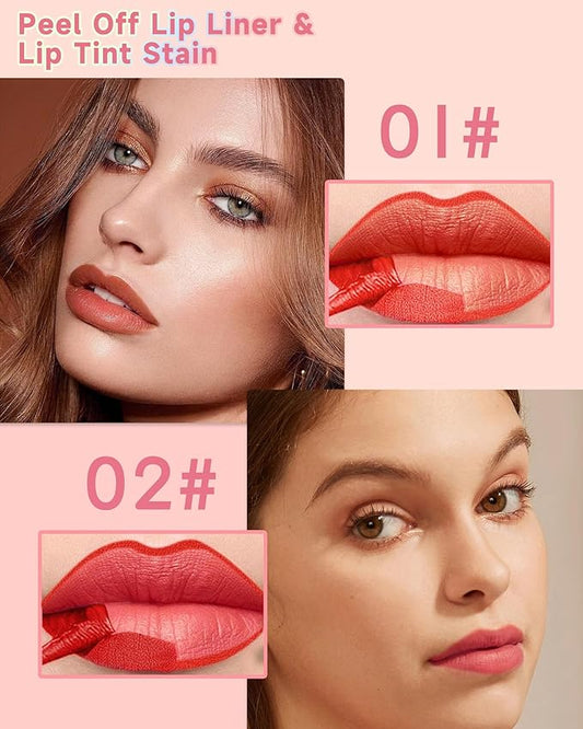 Peel Off Lip Liner Stain Set, 2Pcs Waterproof Lip Tattoo Peel Off Lip Tint Stain, Long Lasting Transfer-Proof Non Stick, Matte Finish High Pigmented Color Peel & Reveal Lipliners Makeup for Women-1+2