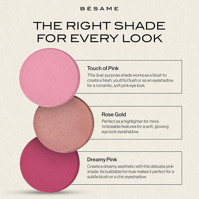 Besame Cosmetics Dreamy Pink Powder Blush Refill - Fits Signature Compacts Post-2019, Soft Pink, Safe for Eyes