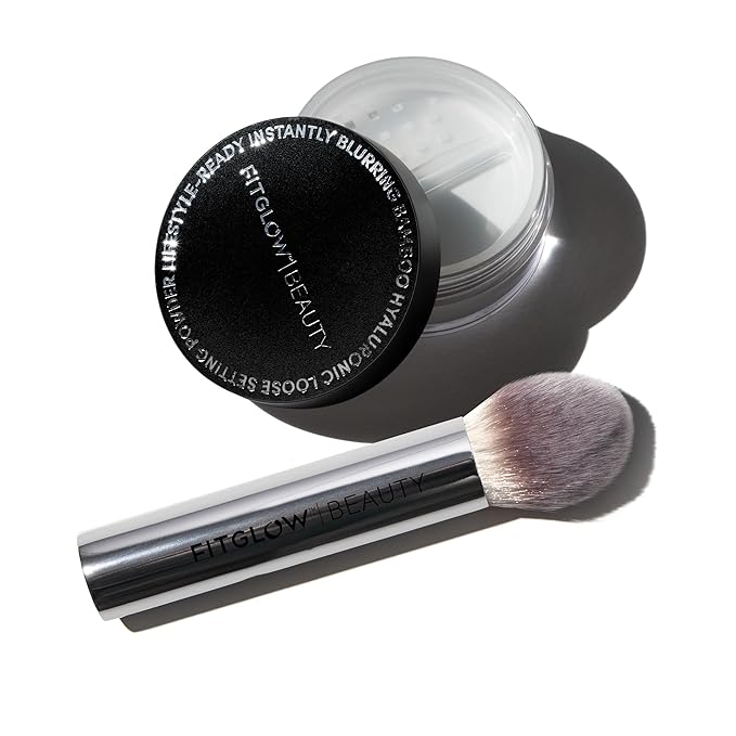 Fitglow Beauty Bamboo Hyaluronic Loose Setting Powder + Brush | Translucent Vegan Organic | Weightless Photo Finish | Pore Blurring | Natural Shine & Oil Control Makeup Finishing Powder | .32 oz / 9g