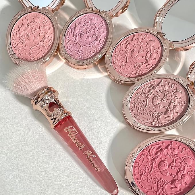 Flower Knows Strawberry Rococo Embossed Blush;Peach Matte Finish;Buildable & Blendable Powder Blush for cheeks,Natural Flush for All Skin Tones(01 Angel Chanson,5g)