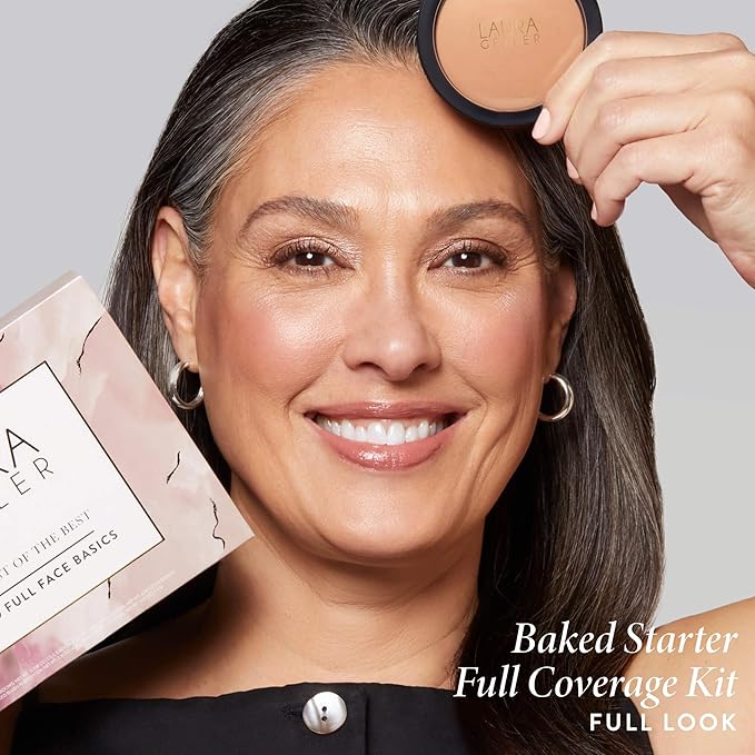 LAURA GELLER NEW YORK Baked Starter Kit - Full Coverage: Double Take Powder Foundation, Tan + Best of the Best Face Palette + Retractable Angled Kabuki Brush