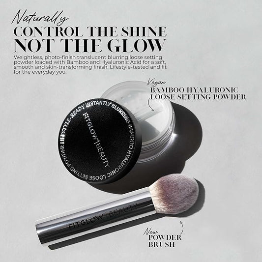 Fitglow Beauty Bamboo Hyaluronic Loose Setting Powder + Brush | Translucent Vegan Organic | Weightless Photo Finish | Pore Blurring | Natural Shine & Oil Control Makeup Finishing Powder | .32 oz / 9g