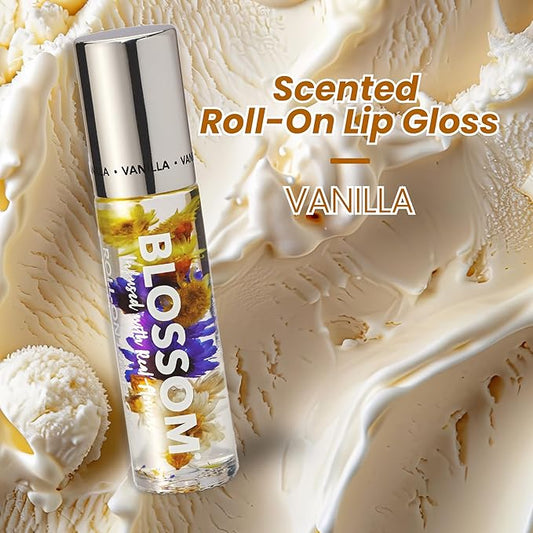 Blossom Roll on Lip Gloss, Scented Clear High Shine Moisturizing Lip Oil, Non Sticky, Infused with Real Flowers, Made in USA, 0.2oz, Vanilla Bean