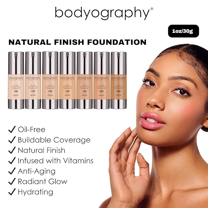 BODYOGRAPHY - NATURAL FINISH Foundation (Light #130): Oil-Free Anti-Aging Salon Natural Finish w/ Vitamin E, C, Antioxidants | Vegan, Gluten-Free, Paraben-Free