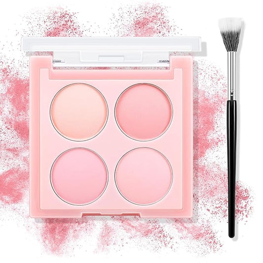 4 Colors Cream Blush Palette, Matte Pink & Highlighter Eyeshadow Makeup Palette with Blush Brush