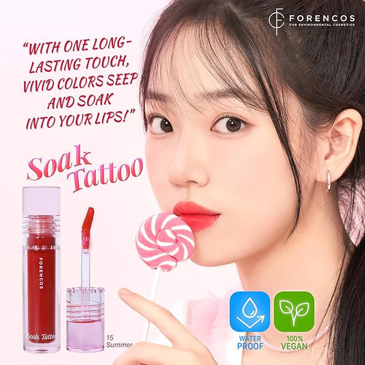 FORENCOS Soak Vegan Lip Tint/Stain, Water Gel Formula, Weightless & Non-sticky Finish, Vivid Color, Smudge-proof, Cruelty-Free, Korean Makeup, Waterproof, 0.11 oz (15 Summer)