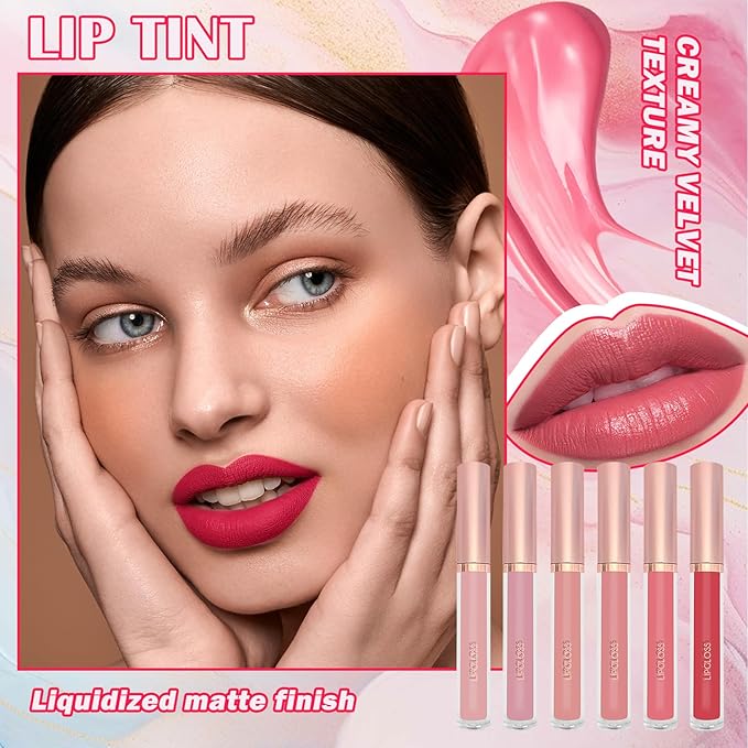 6 Colors Lip Tint Stain Set,Mini Liquid Lipstick Moisturizing Long Lasting Plumping High Pigmented Lip Gloss Set,Lightweight Non-Stick Cup Matte Lipstick for Waterproof Cheek and Lip Tint Makeup E