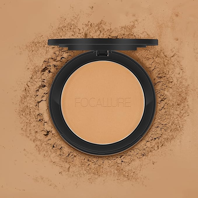 FOCALLURE Flawless Pressed Powder, Control Shine & Smooth Complexion, Pressed Setting Powder Foundation Makeup, Portable Face Powder Compact, Long-Lasting Matte Finish, Sand