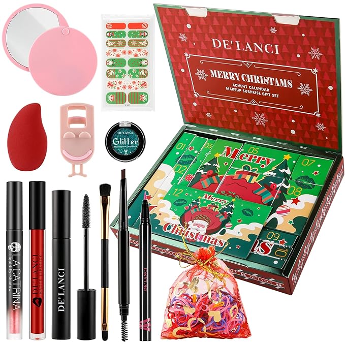 Makeup Advent Calendar 2024, DE'LANCI Christmas Surprise Makeup Gift Kit for Women,12 Days Christmas Countdown Calendar Beauty Box for Teens Girls, Xmas Cosmetic Starter Mystery Box, Cruelty Free