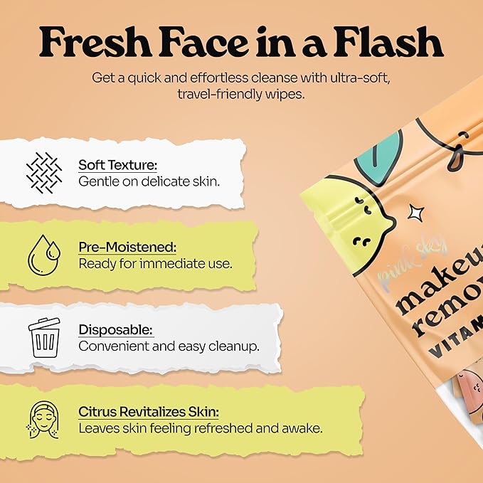 Pink Sky Makeup Remover Wipes for Face - Ultra Soft, Mini Makeup Wipes Individually Wrapped, Travel Makeup Wipes, Gently Cleanse & Remove, 40 Count (40 Wipes, VITAMIN C & CITRUS)