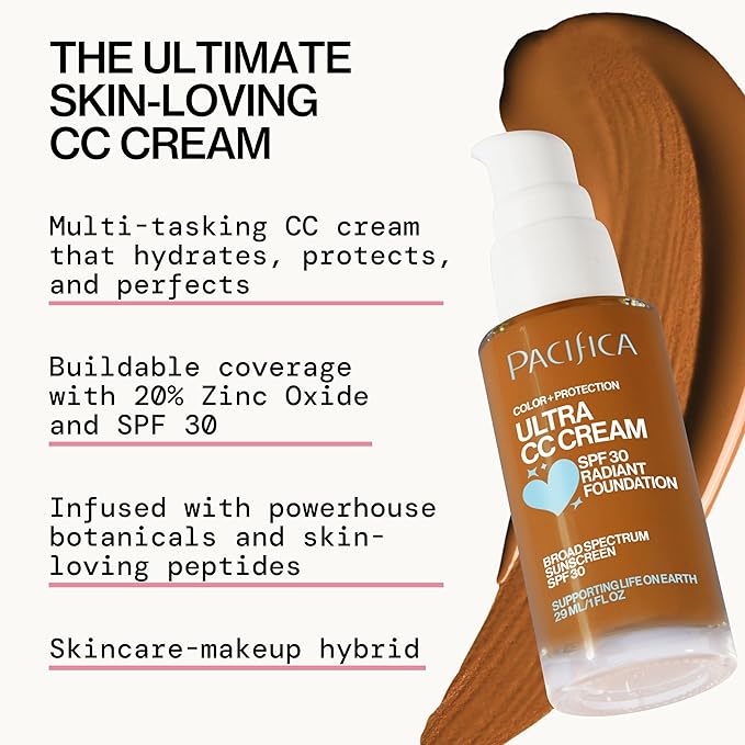 Pacifica Ultra CC Cream Radiant Foundation SPF 17 - Warm-Tan – Medium Coverage Color Correcting Foundation, Dewy Finish, Mineral SPF, 1 oz