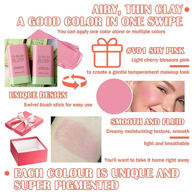 Shimmer Silky Matte Blush Stick - Professional Cute Face Contour Highlighter with Blush 01