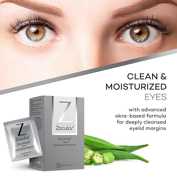 Zocuwipe Eyelid Wipes with Okra Complex - Eyelid Cleanser and Moisturizer Pads 30ct + Zocufill Elixir Eye Gel and Face Serum