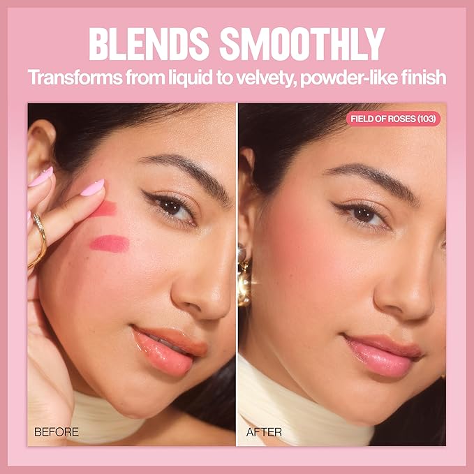 Revlon Glimmer Blush Drops, Liquid Blush for Cheeks, Liquid to Velvety Powder Finish, Glowy, High Pigment, 103 Field of Roses, 0.32 fl oz