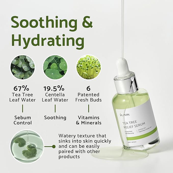 IUNIK Centella Asiatica Cleansing Oil Makeup Sunscreen Remover Mild Cleanser & Tea Tree Relief Facial Serum Non-sticky Non-greasy Gentle Soothing Moisturizing Calming Ampoule Korean Skincare