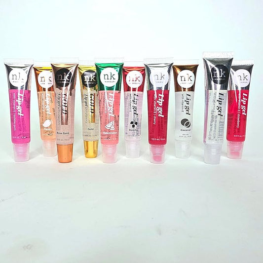 Bundle of 10 Lip Glosses - Gold, Rose Gold, Clear, Rosehip, Coconut, Watermelon, Mango, Strawberry, Bubble Gum, and Cherry Hydrating Lip Glosses with Vitamin E with a Glossy Finish