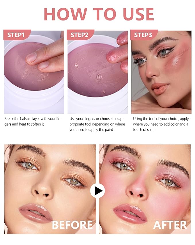 Miracle Glow Balm - Hydrating Tinted Cream Blush, Multi-Use Glow Face Balm Makeup for Cheek & Eye & Lip Tint, Creamy Lightweight Blendable Shimmer Blusher, Radiant Skin Finish, 03# Sheer Pink