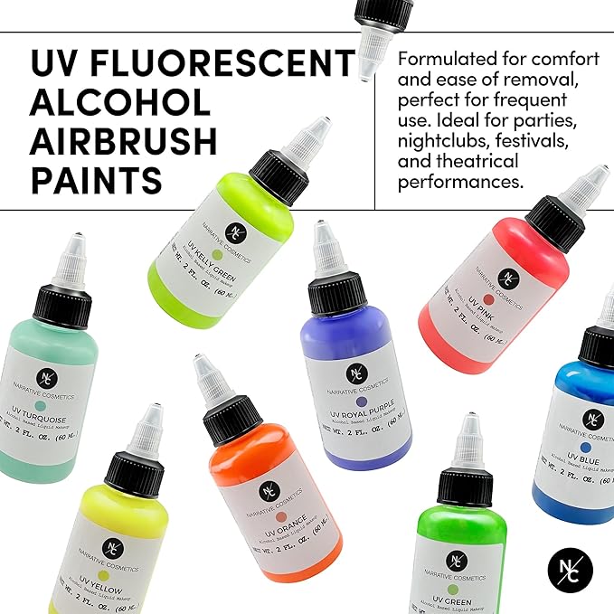 UV Fluorescent Alcohol Airbrush Paints - 2 fl oz, Glow Effect, Waterproof, Sweatproof, Highly Pigmented Liquid Makeup for Bodypainting, Film, TV, Festivals - UV Pink