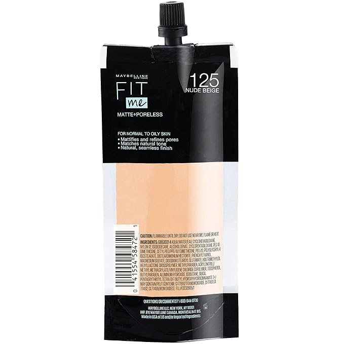 Maybelline New York Fit Me Matte + Poreless Liquid Foundation, Pouch Format, 125 Nude Beige, 1.3 Ounce