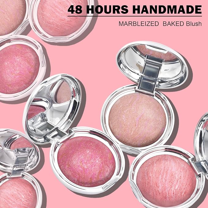 Baked Blush Marbleized Powder Blush for Cheeks, Lightweight Natural Finish, Infused with Vitamin E, Vegan & Cruelty Free, Talc Free - #001 FANTASY PRINCESS