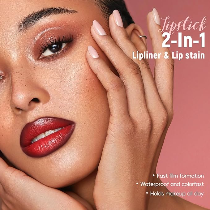 Brown Liquid Lip Liner Red Lip Stain Marker Pen, 2in1 Double Head 2 Color Lip Tint Pencil, Long Lasting Smudge Proof Lightweight Natural Matte Finish All Day Wear Cherry Lip Combo for Women