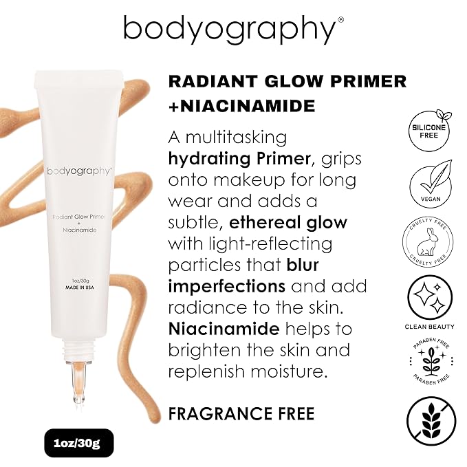 Bodyography Radiant Glow Primer + Niacinamide | Hydrating Makeup Primer with Light-Reflecting Pearls & Hyaluronic Acid | Silicone-Free Face Primer for a Long-Lasting Base