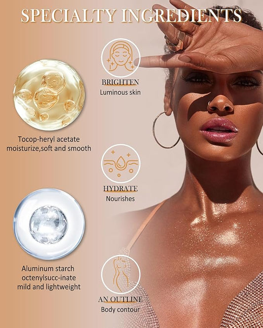 Body Shimmer Glow Oil, Waterproof Long Lasting Face Brighten Gold Luminizer, Moisturizing Hydrating Body Liquid Illuminator Highlighter Women Makeup, Shiny Diamond Face Glitter for Festive Party#02