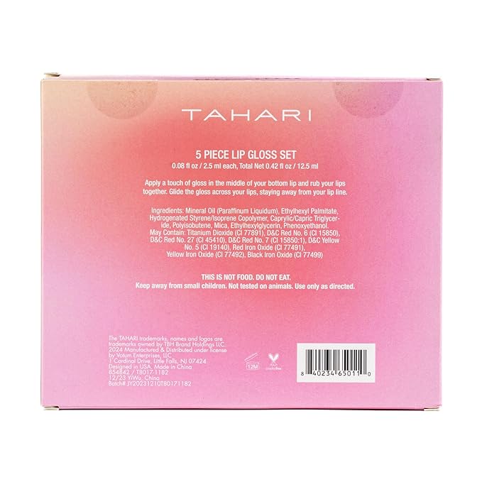 VOTUM Tahari 5pc Lip Gloss Set – Shimmery Lip Glosses for Women and Girls, Non-Sticky, High Shine with Pink & Red Finishes