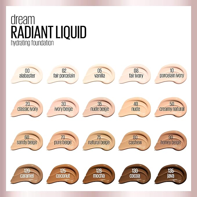 Maybelline Dream Radiant Liquid Medium Coverage Hydrating Makeup, Lightweight Liquid Foundation, Java, 1 Count