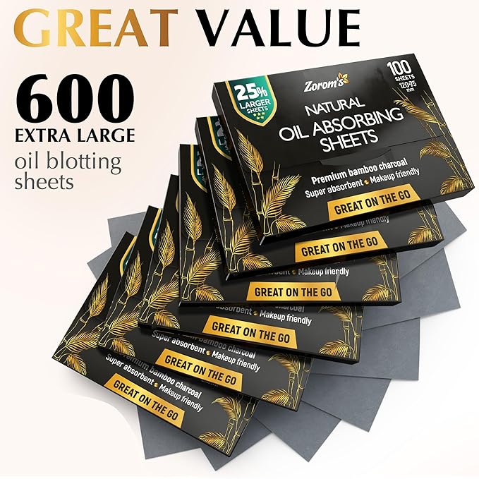 Natural Oil Blotting Sheets for Face with Bamboo Charcoal - 25% Larger - 6pk/600 Makeup Friendly Blotting Papers - Easy Dispensing Oil Absorbing Sheets for Face