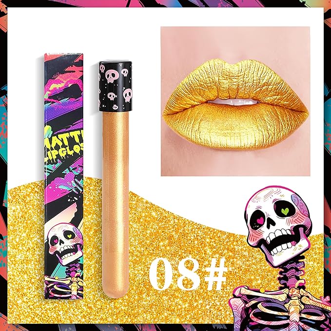 Yellow Metallic Liquid Shimmer Lipstick Glitter Lip Gloss, Glossy Full Matte Lip Gloss, Waterproof Longlasting High Pigment Shimmer Lip Gloss,Bold Goth Makeup for Halloween Makeup Gift, #08