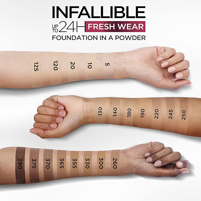 L'Oreal Paris Makeup Infallible Fresh Wear Foundation in a Powder, Up to 24H Wear, Waterproof, Sienna, 0.31 oz.