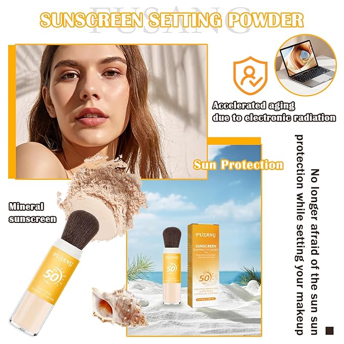 2 Pcs Sunscreen Setting Powder,SPF 50++ Mineral Setting Powder with Soft Sunscreen Brush,Oil Control Lightweight Brush Powder,Matte Translucent Face Powder
