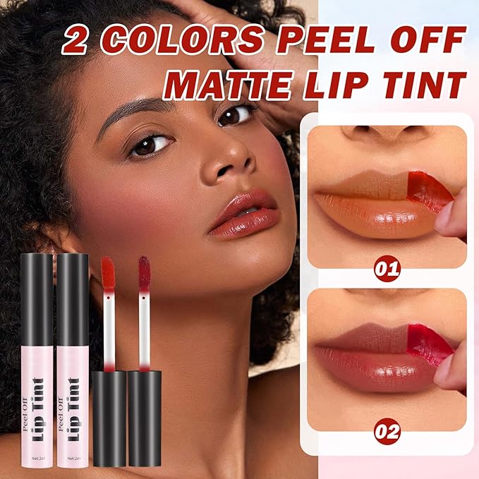 AIUEO 2 Colors Peel Off Lip Stain Peel Off Lip Tint Stain Matte Lip Tattoo Peel Off Long Lasting Waterproof Lip Peel Off Stain Non-Stick Cup Peel Off Lip Stain (01+02)
